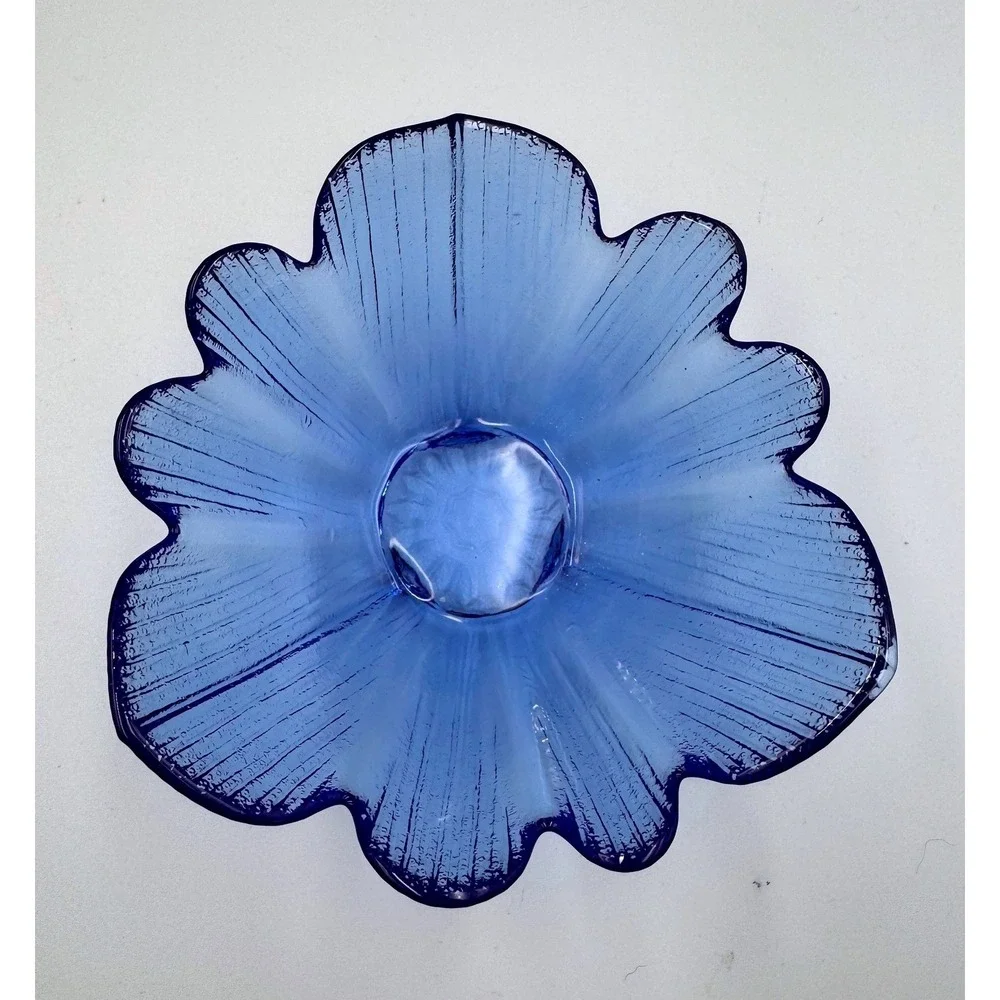 Vintage Style Textured Glass Flower Petal Bowls Set Cobalt Blue Seafoam Green